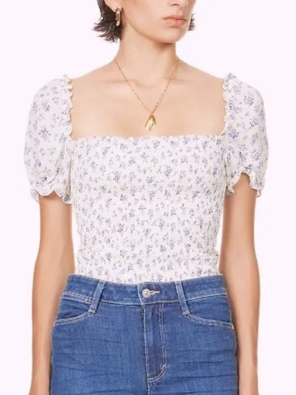 Reformation Jess Top Gracie Floral Smocked Puff Sleeve Crop S